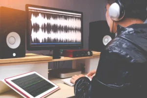 A person wearing headphones works at a desk with audio editing software on a large monitor showing waveforms. A tablet and speakers are nearby.