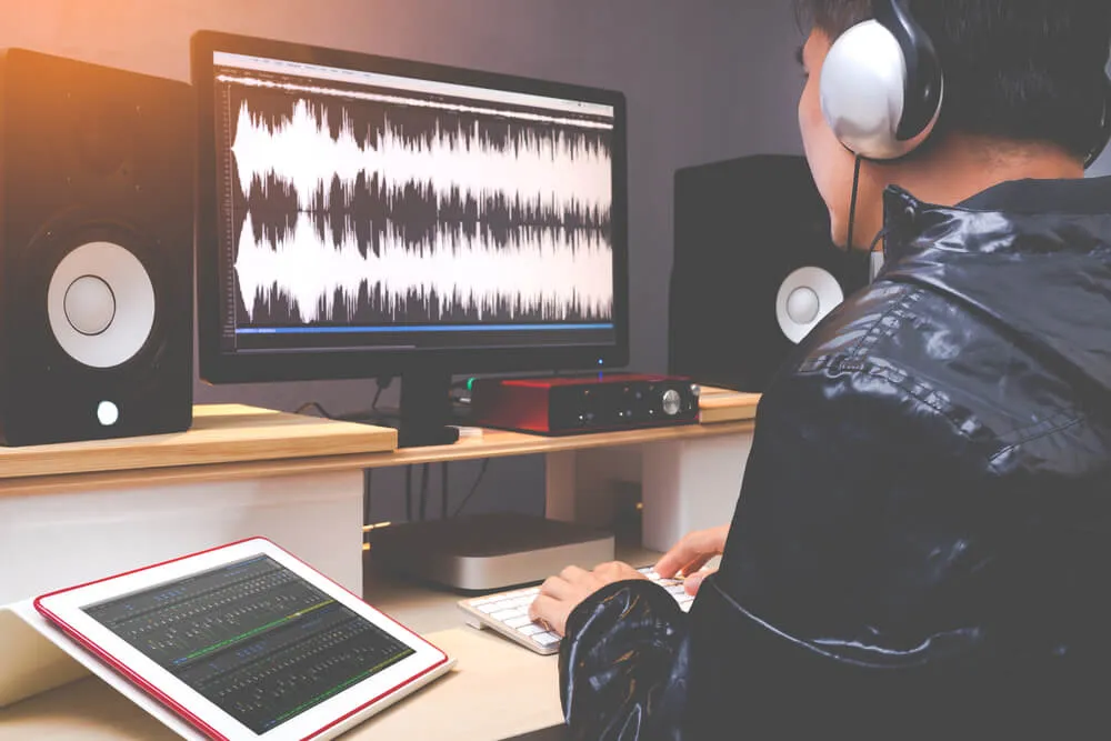A person wearing headphones works at a desk with audio editing software on a large monitor showing waveforms. A tablet and speakers are nearby.